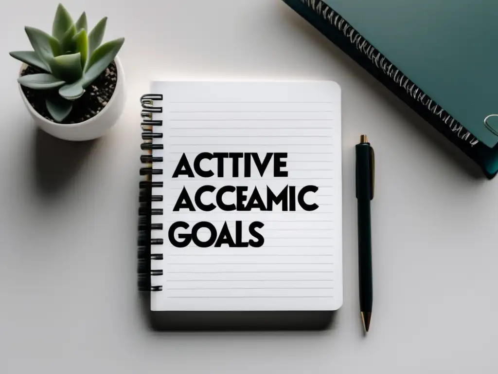 Escritorio minimalista con cuaderno de metas y frase motivadora Escritorio minimalista con cuaderno y metas académicas