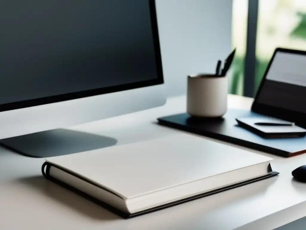 Escritorio minimalista ordenado con laptop, libros y organizador Escritorio minimalista con diseño moderno, limpio y ordenado