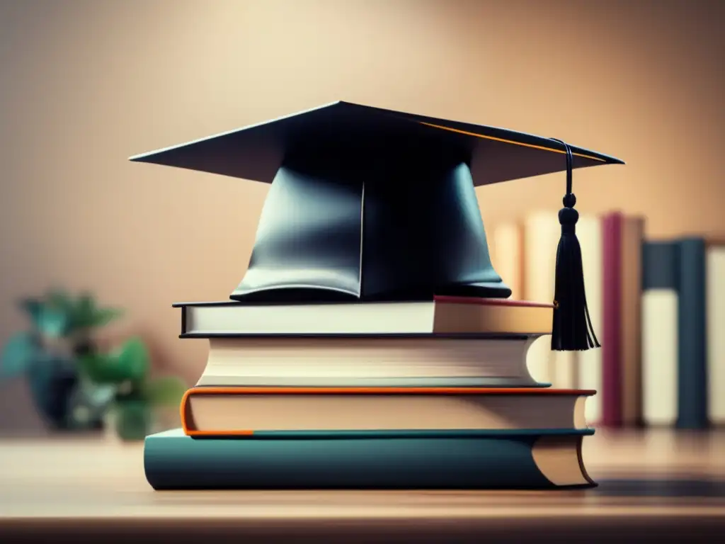 Graduación y conocimiento en una mesa minimalista Escritorio minimalista con gorro de graduación y libros en símbolo de logros académicos