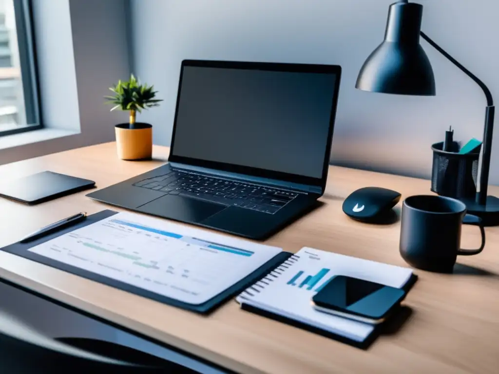 Escritorio minimalista y moderno con vista a la ciudad Escritorio minimalista con laptop, cálculos de préstamos estudiantiles y vista de ciudad