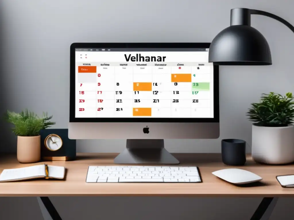 Escritorio minimalista y organizado Escritorio minimalista con laptop y calendario digital, resaltando la importancia de la gestión del tiempo en admisiones universitarias