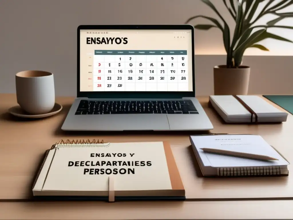 Escritorio minimalista con elementos organizados Escritorio minimalista con laptop, cartas de recomendación, ensayos, calendario y luz natural: Criterios de selección universitaria