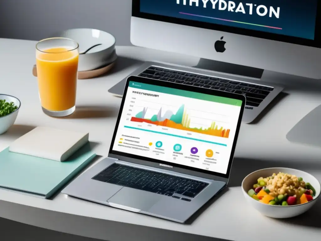 Escritorio minimalista con enfoque en nutrición Escritorio minimalista con laptop, comida balanceada y notas sobre nutrición para rendimiento mental universitario