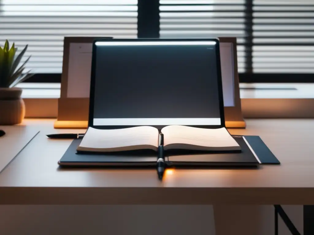 Escritorio minimalista con laptop y cuaderno Escritorio minimalista con laptop, cuaderno y pluma; edición y técnicas para ensayos universitarios