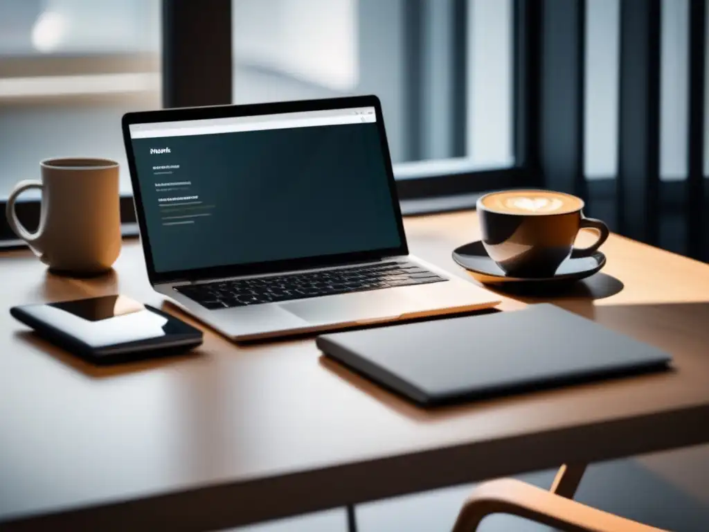 Escritorio moderno y organizado con laptop, cuaderno y café Escritorio minimalista con laptop, cuaderno y café - Estrategias de admisiones universitarias