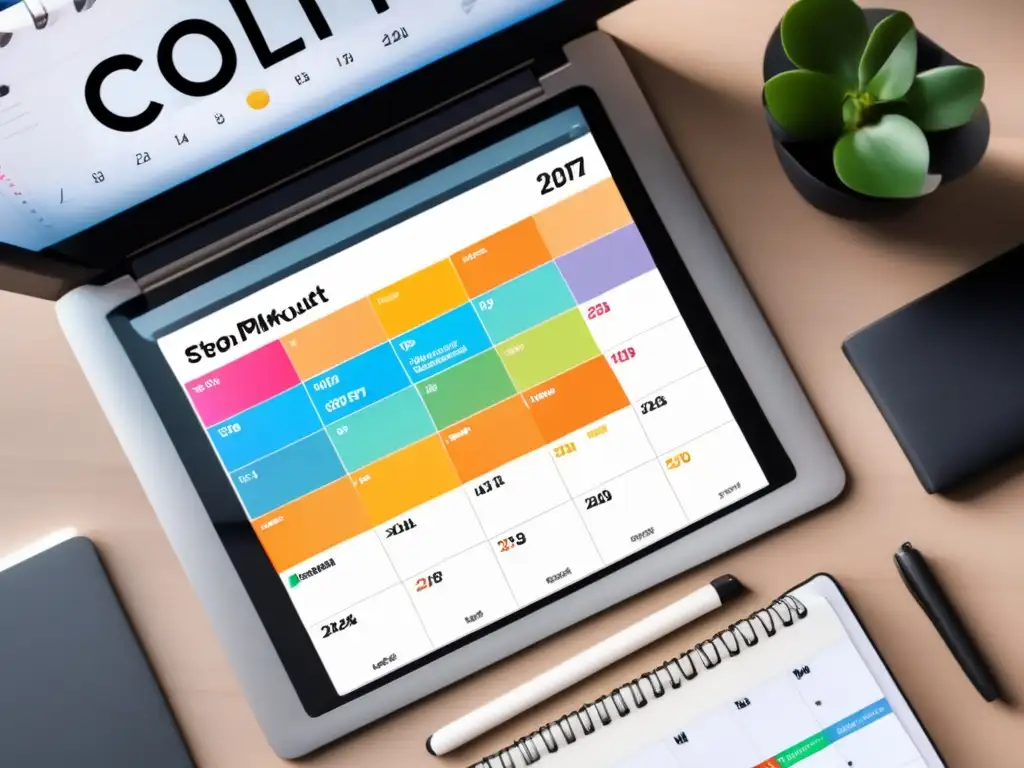 Escritorio minimalista con laptop, notebook y cronómetro - Escritorio minimalista con laptop, cuaderno y cronómetro
