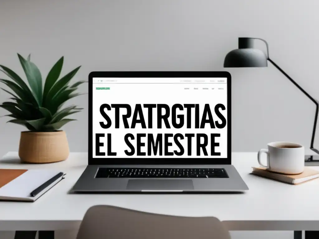 Escritorio minimalista para un exitoso inicio universitario Escritorio minimalista con laptop, cuaderno y pen, y estrategias para superar primer semestre en la universidad