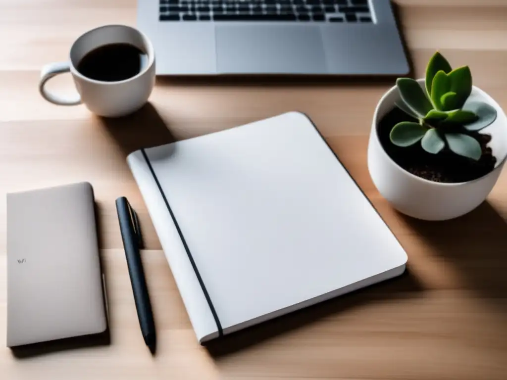 Escritorio minimalista con laptop, café y notas Escritorio minimalista con laptop, cuaderno y café
