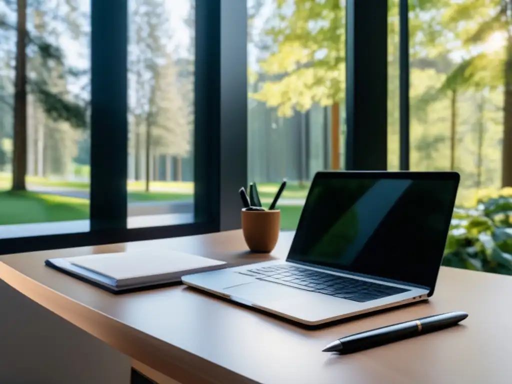Escritorio moderno con laptop y ventana Escritorio minimalista con laptop, cuaderno y bolígrafo