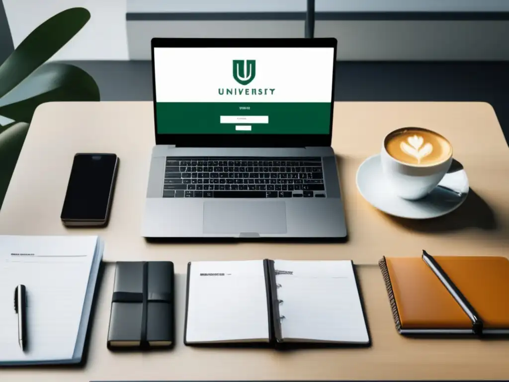 Escritorio minimalista para admisión universitaria Escritorio minimalista con laptop, documentos y elementos esenciales para admisiones universitarias internacionales