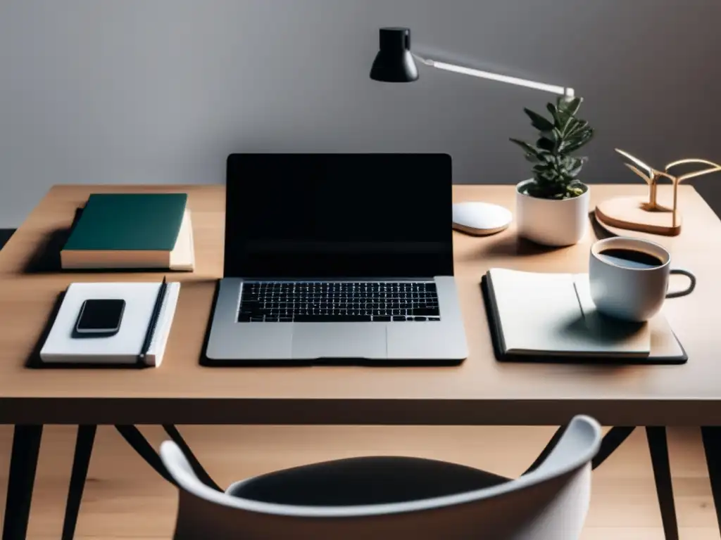 Escritorio minimalista y profesional con laptop y útiles de oficina Escritorio minimalista con laptop, elementos de papelería y luz natural - Componentes esenciales de un portafolio estelar