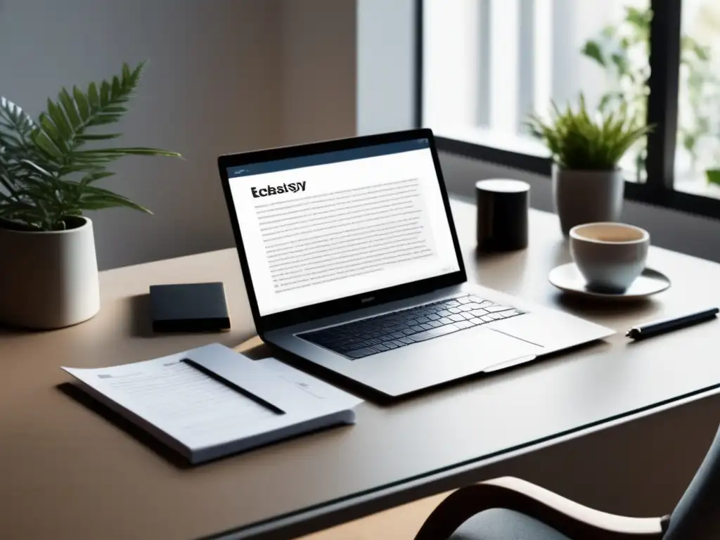 Escritorio minimalista con laptop y papeles organizados Escritorio minimalista con laptop y ensayos bien organizados - Técnicas de edición para ensayos universitarios