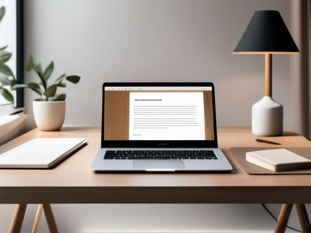 Escritorio minimalista con laptop moderna Escritorio minimalista con laptop y ensayos persuasivos para admisiones universitarias