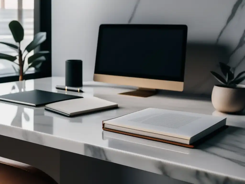 Escritorio minimalista con laptop, libros y bloc de notas Escritorio minimalista con laptop, libros y notepad - Mejores consejos para ensayo universitario