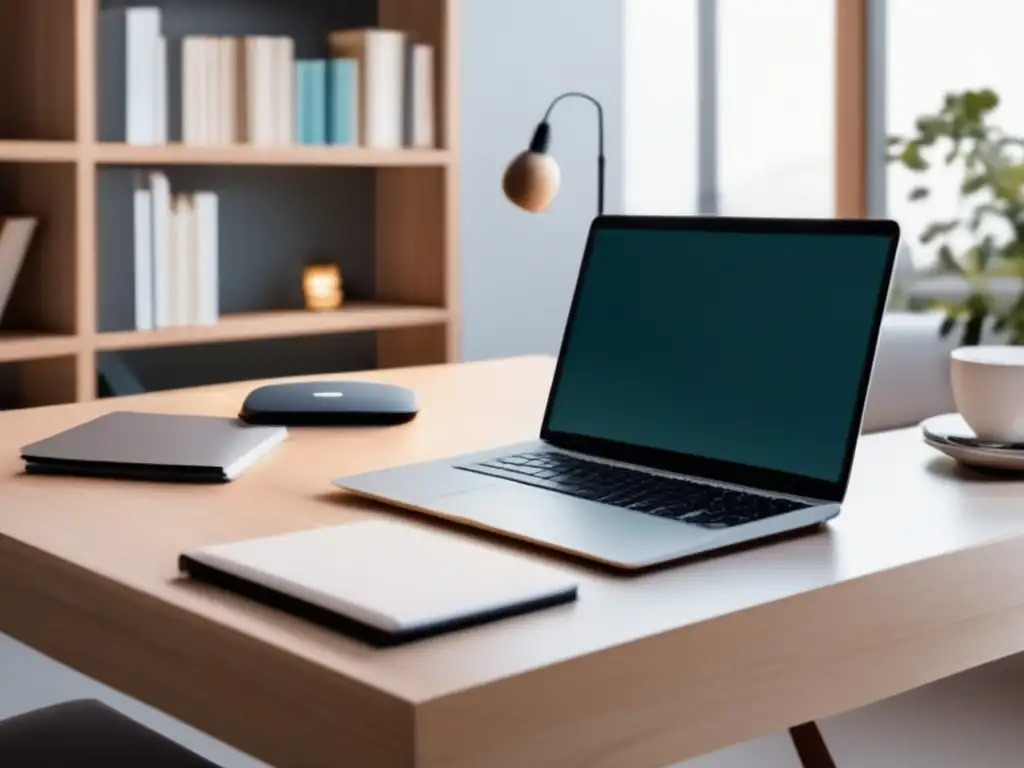 Escritorio minimalista con laptop y libros Escritorio minimalista con laptop, libros y luz natural - Mejores consejos para ensayo universitario