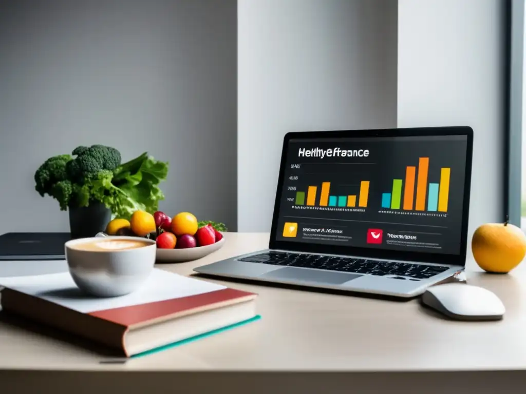 Escritorio minimalista con laptop, libros, café y alimentos saludables Escritorio minimalista con laptop, libros, café, frutas y verduras