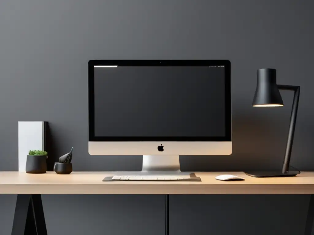 Escritorio minimalista y elegante con laptop moderna Escritorio minimalista con laptop, luz suave y texto cautivador