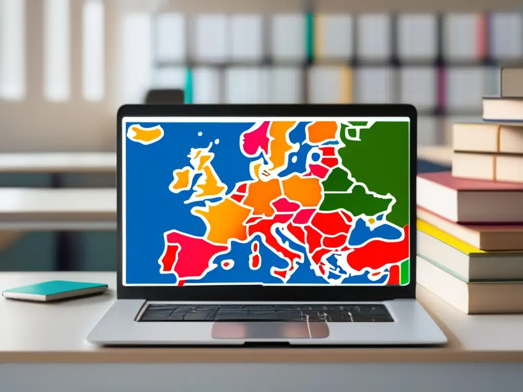 Preparación para exámenes de admisión en Europa Preparación pruebas admisión universidades Europa: escritorio minimalista con laptop mostrando mapa europeo de universidades y libros ordenados