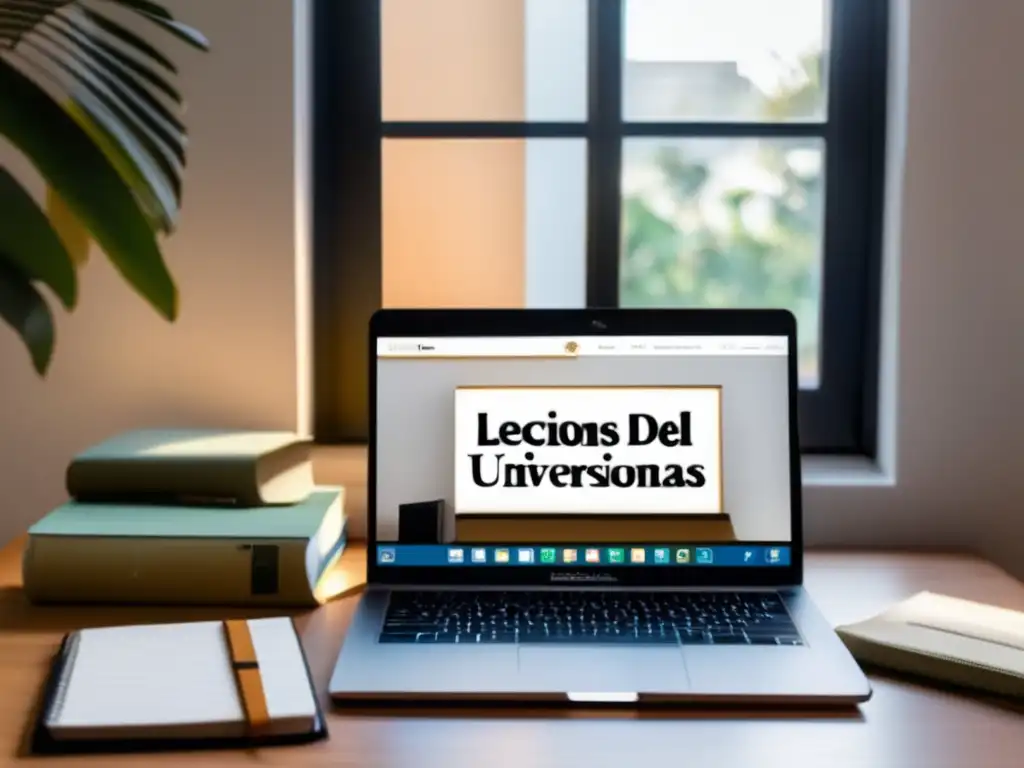 Escritorio minimalista para admisiones universitarias Escritorio minimalista con laptop moderna, libros y notas