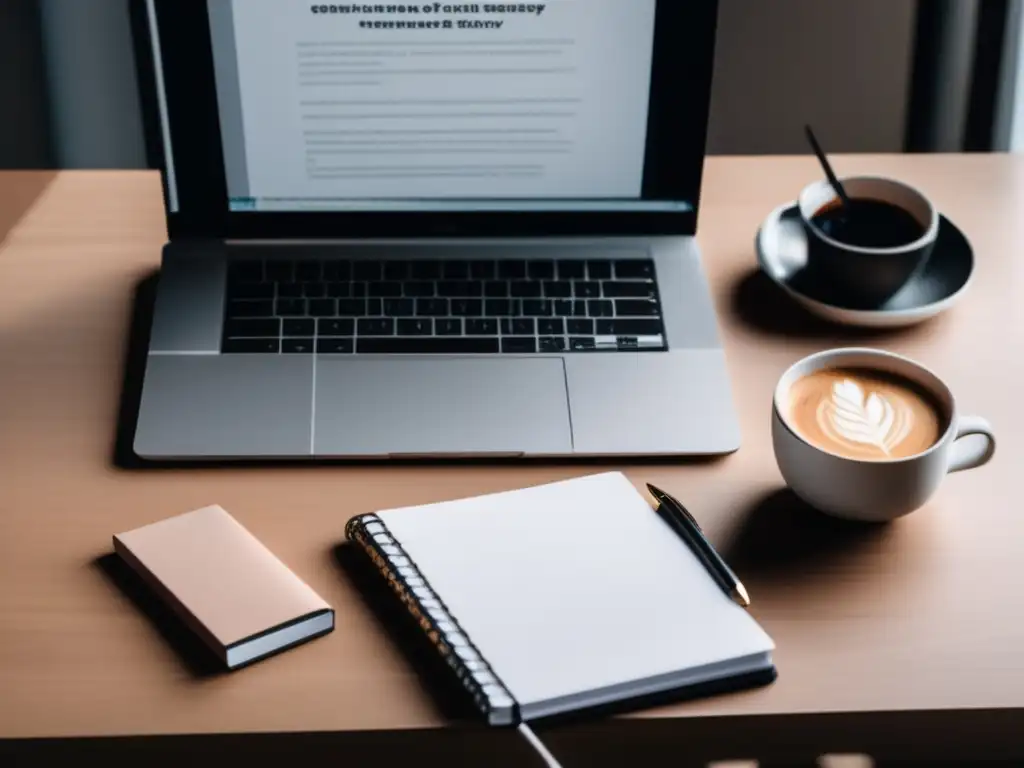 Escritorio minimalista con laptop y libros Escritorio minimalista con laptop moderna y libros; consejos para redacción de ensayos universitarios