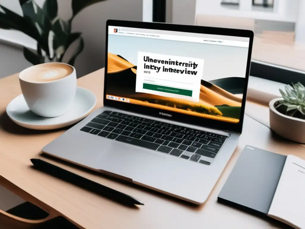 Escritorio minimalista con laptop, libros y notas Escritorio minimalista con laptop moderna, cuaderno elegante y libros recomendados sobre entrevistas universitarias exitosas