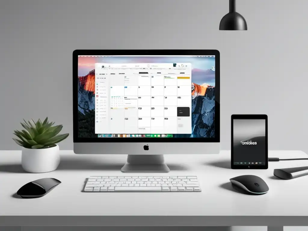 Escritorio minimalista para trabajar eficientemente Escritorio minimalista con laptop negra, app de organización y teclado inalámbrico