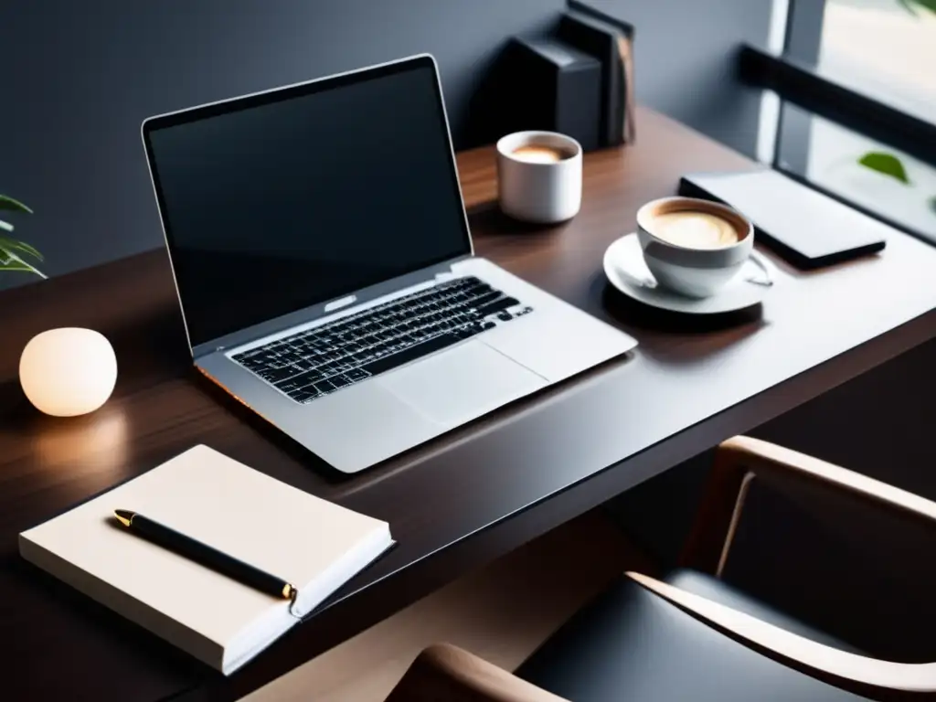 Espacio de trabajo minimalista y organizado Escritorio minimalista con laptop, notas escritas, café y lámpara