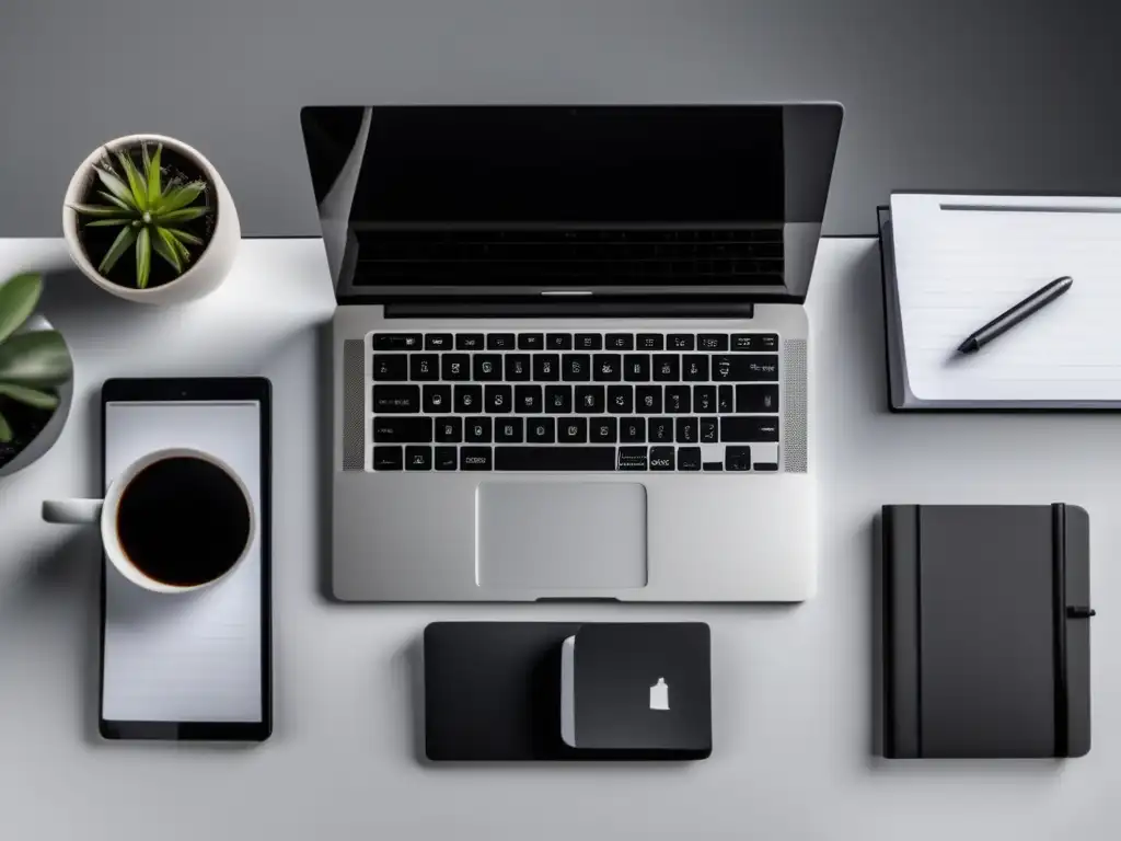 Escritorio minimalista con laptop y notas Escritorio minimalista con laptop, notas sobre gestión del tiempo y vista urbana serena