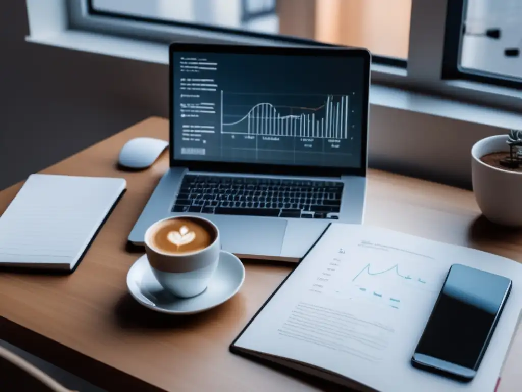Estudio de matemáticas con estilo minimalista Escritorio minimalista con laptop, notas y café - Técnicas matemáticas para exámenes universitarios