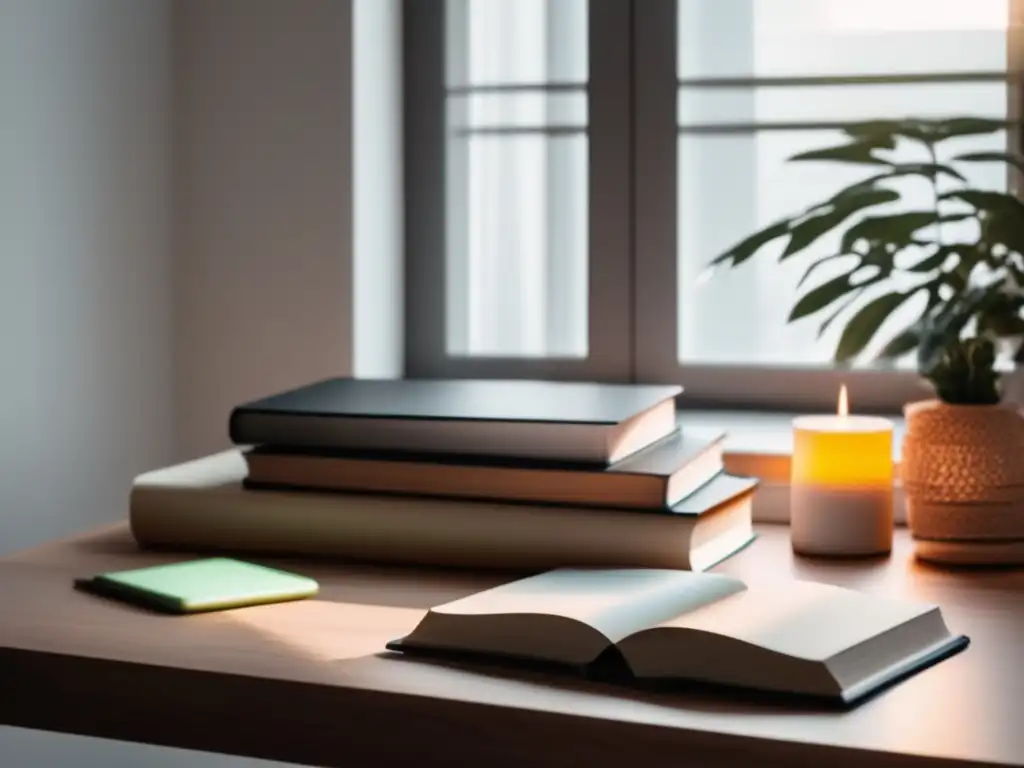 Escritorio minimalista con libros, gafas y resaltador Escritorio minimalista con libros y accesorios para comprensión lectora universitaria