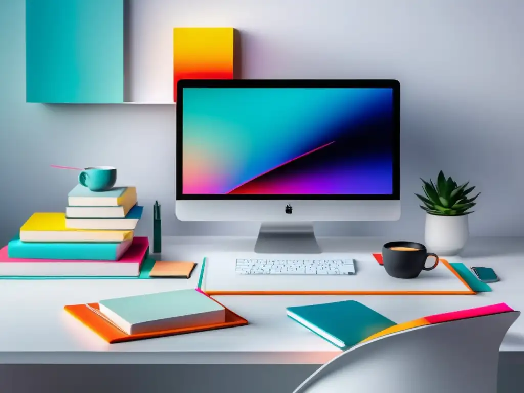 Escritorio minimalista y moderno con ambiente vibrante Escritorio minimalista con libros, laptop, café y ensayo de admisión universitaria exitoso en un vibrante fondo degradado