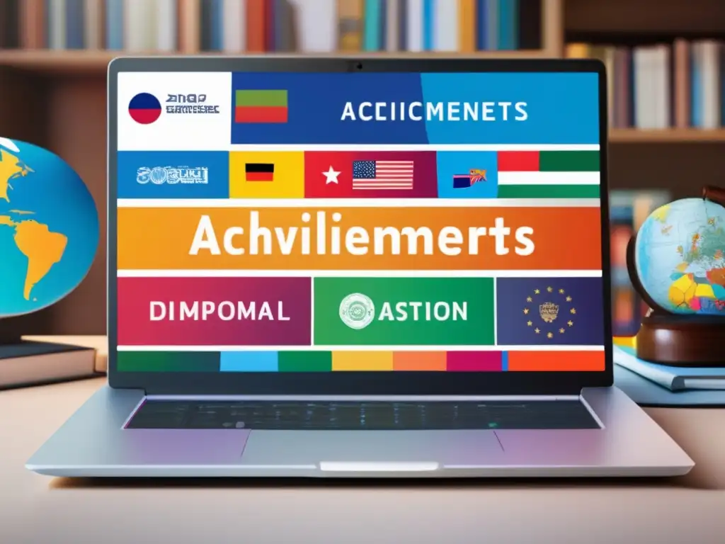 Laptop académico con premios y diplomas internacionales Laptop y escritorio minimalista con logros académicos internacionales y preparación para universidades internacionales