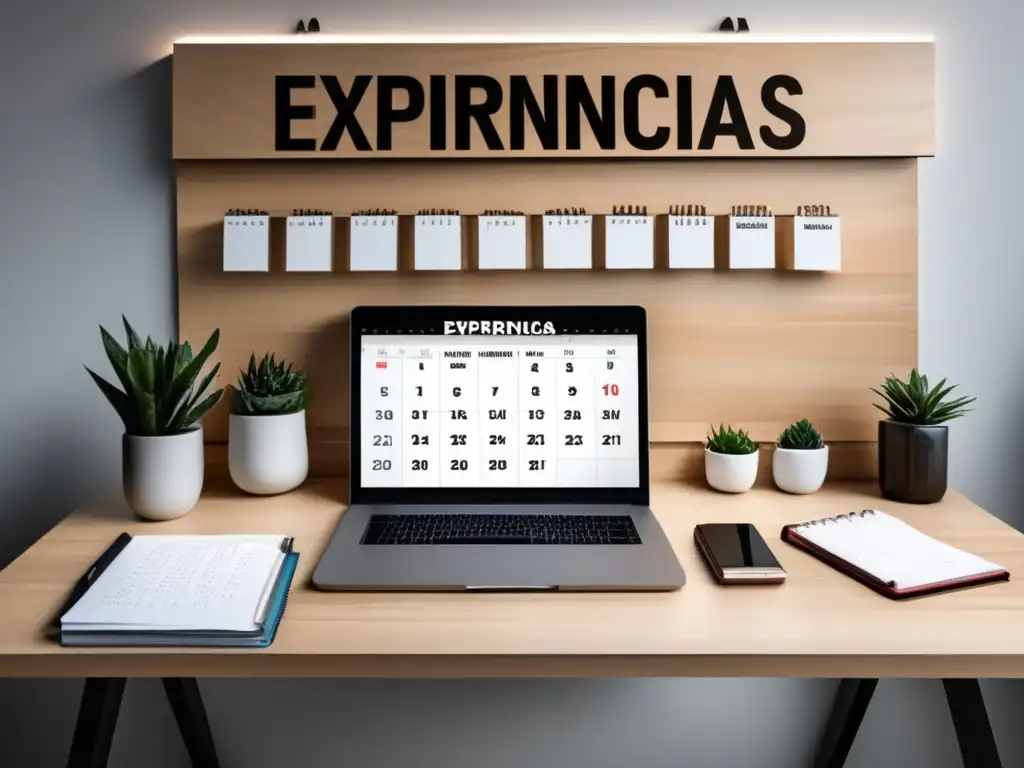 Espacio de trabajo organizado y profesional Escritorio minimalista de madera clara con laptop, calendario
