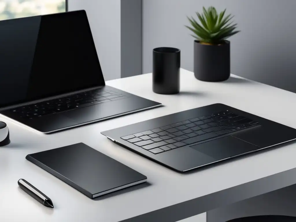 Espacio de estudio minimalista para el éxito académico Escritorio minimalista de madera lacada blanca, con laptop moderna, cuaderno elegante y luz natural