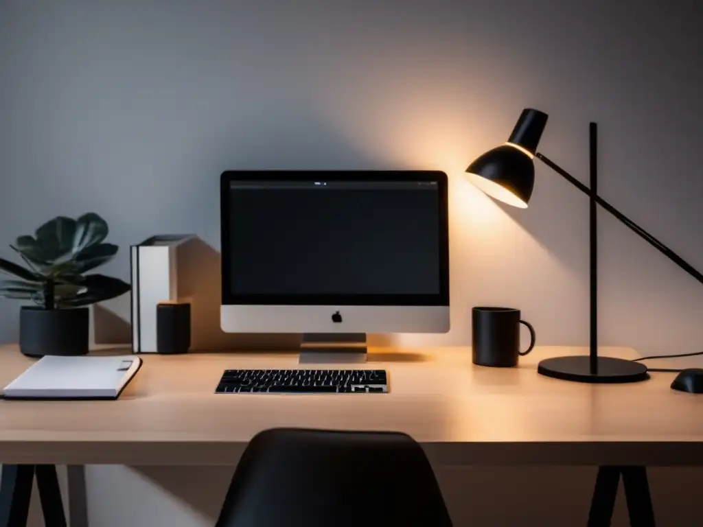 Escritorio minimalista y moderno con laptop y accesorios negros Escritorio minimalista y moderno para reducir ansiedad en examen de admisión
