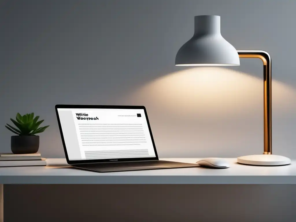 Espacio de trabajo minimalista y moderno Escritorio minimalista y moderno con lámpara, laptop y papeles organizados - Estrategias ensayo admisión universitaria