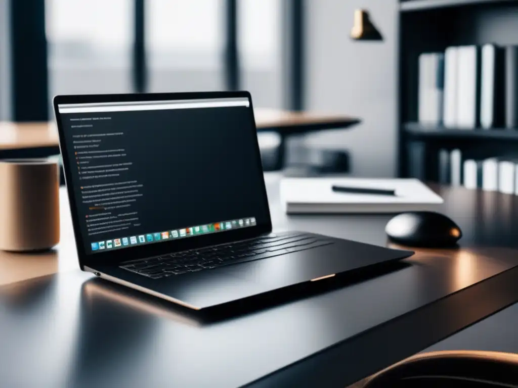 Espacio de trabajo minimalista y elegante Escritorio minimalista en mármol negro con laptop y libros