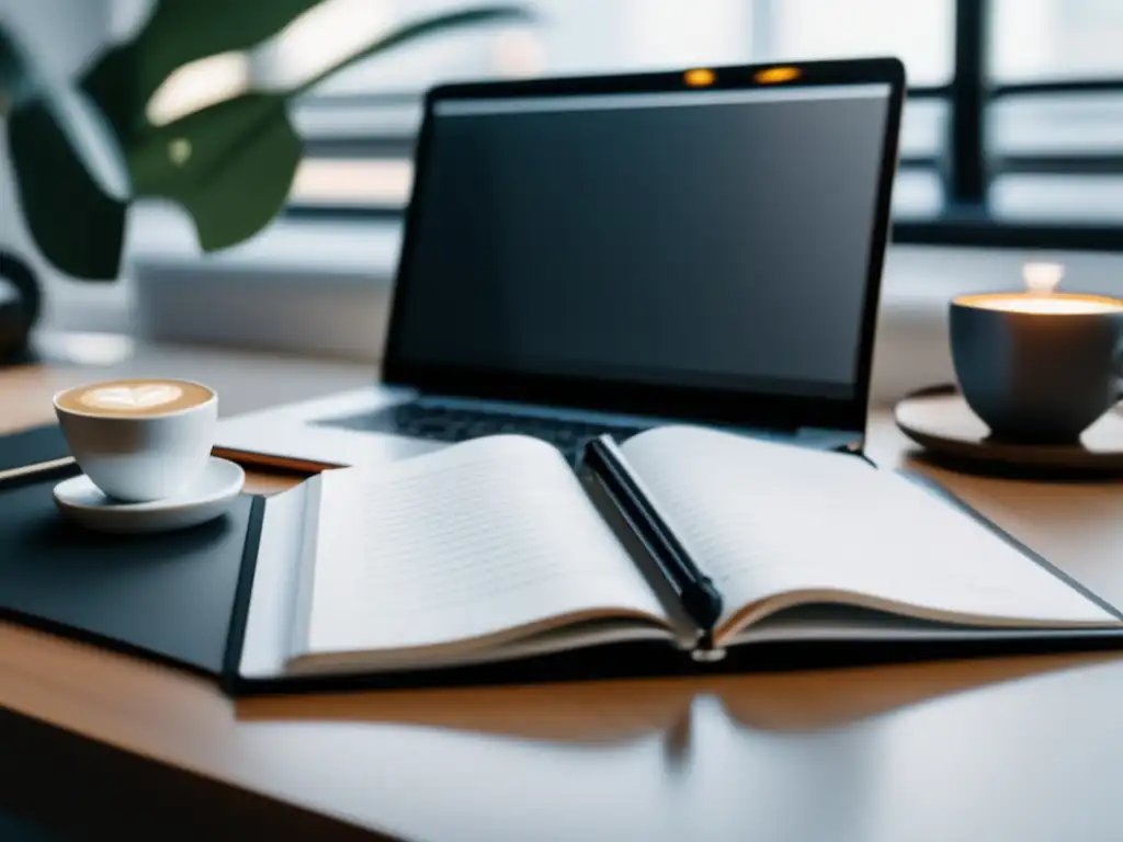 Escritorio minimalista con laptop, cuaderno y café Preparación prueba admisión universidad - Escritorio minimalista con portátil, cuaderno y café, ambiente enfocado y productivo