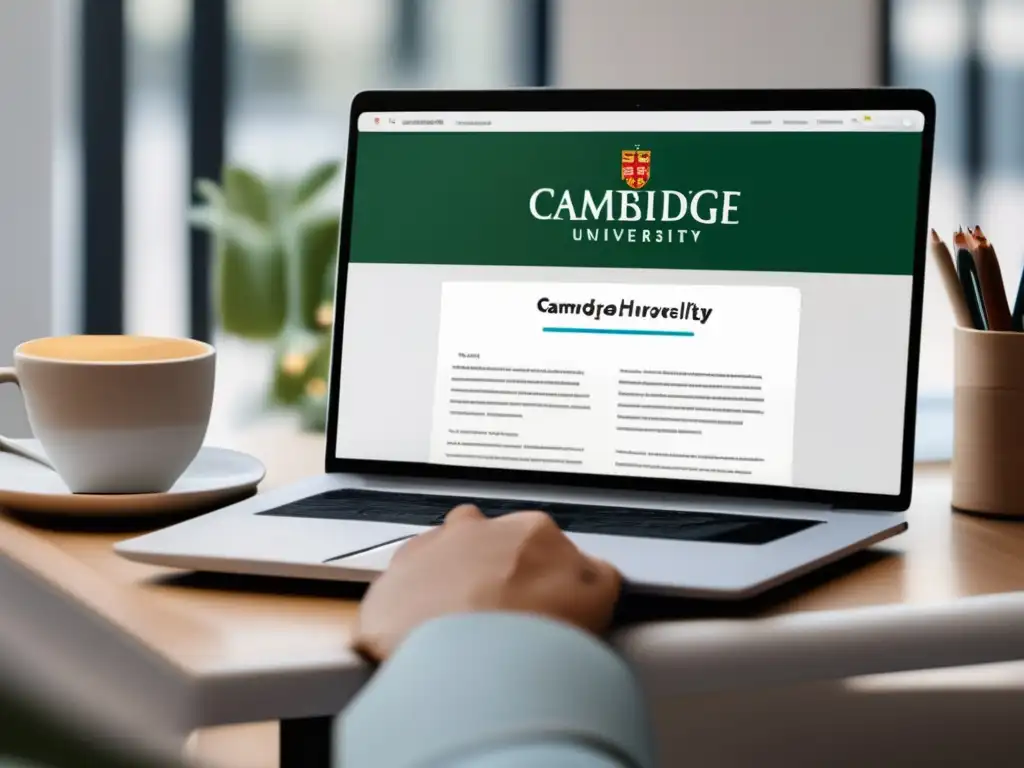 Escritorio minimalista con laptop, libros y asesoría Escritorio minimalista para preparación de admisiones universitarias Cambridge