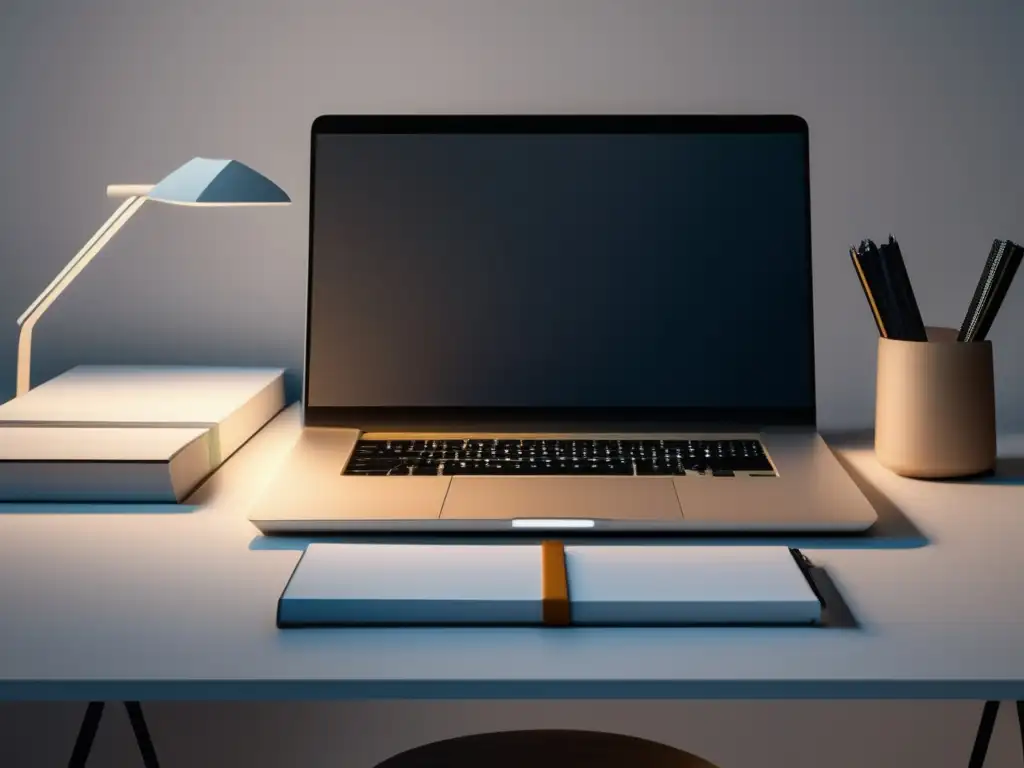 Escritorio de estudio minimalista con laptop y libros Escritorio minimalista para estudiar con preparación efectiva para exámenes de admisión universitarios en Europa