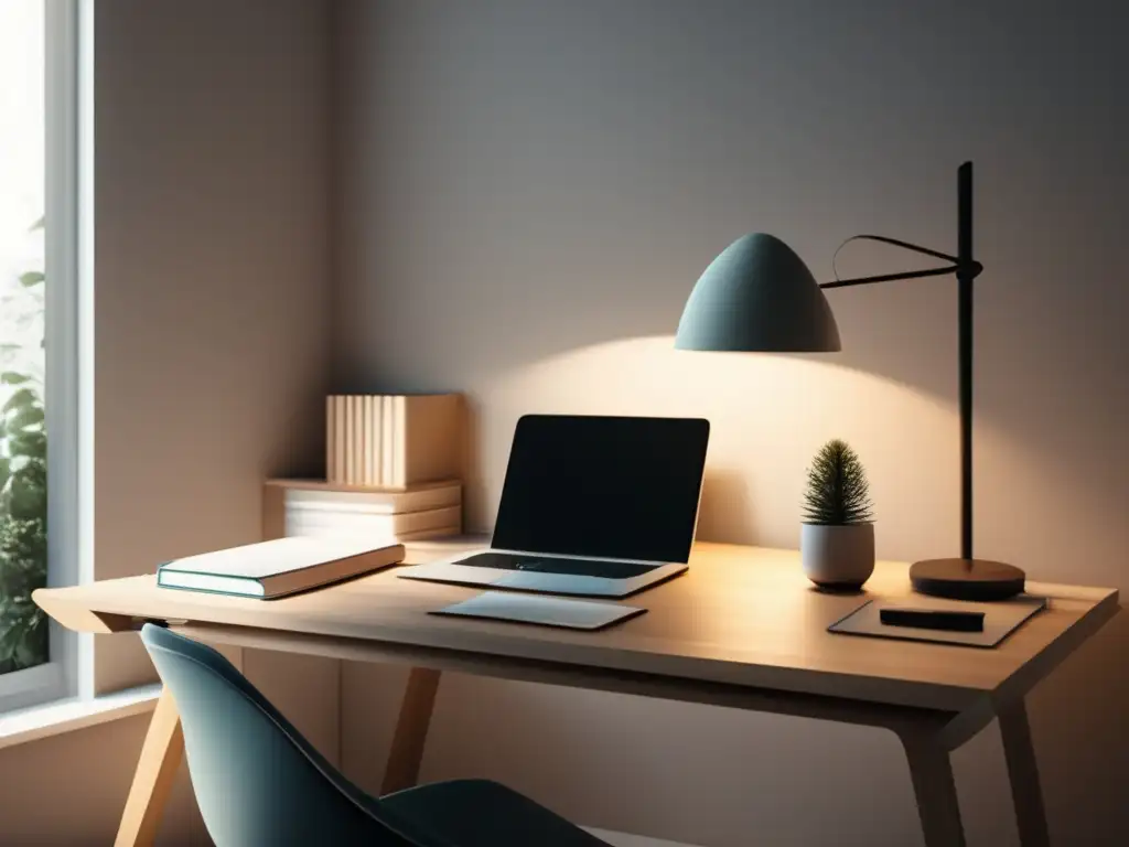 Espacio de estudio sereno y minimalista Escritorio minimalista para rituales preexamen en ambiente tranquilo y concentrado