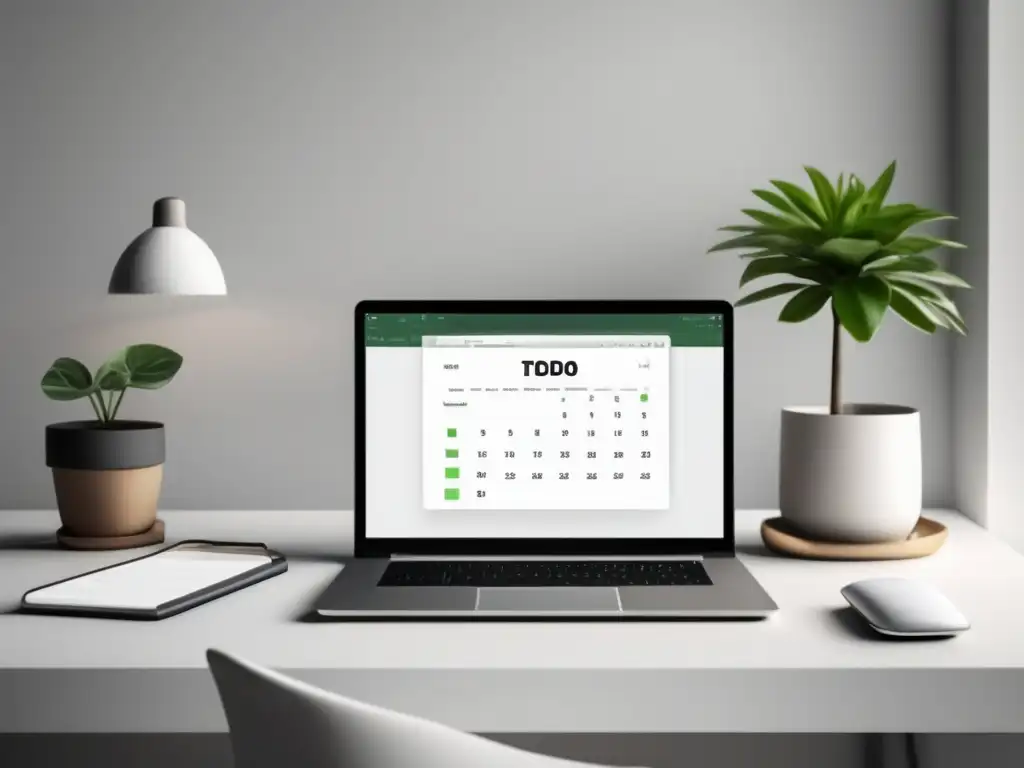 Espacio de trabajo minimalista y sereno Escritorio minimalista y sereno con laptop, planta y auriculares inalámbricos