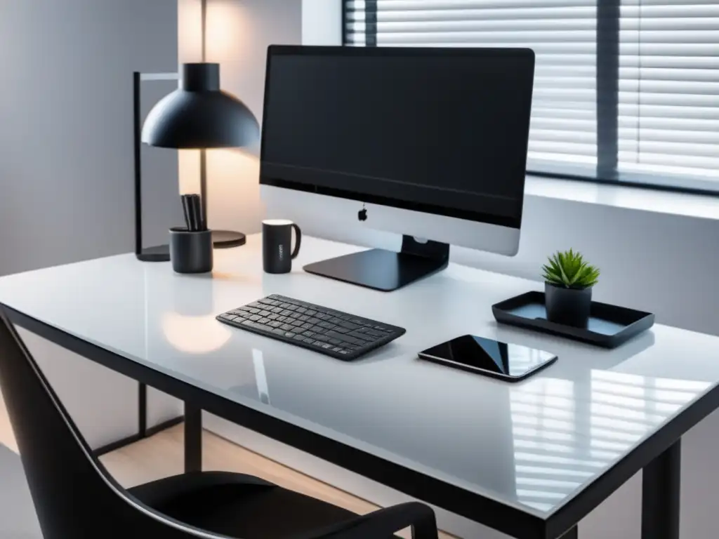 Escritorio minimalista y profesional Escritorio minimalista con teclado inalámbrico, monitor y papeles blancos