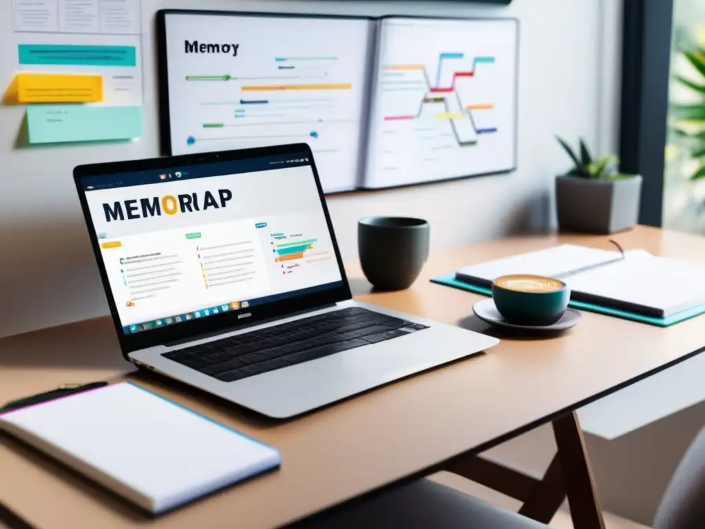 Escritorio minimalista y organizado con mind map Escritorio minimalista con técnicas de memorización para estudiantes universitarios