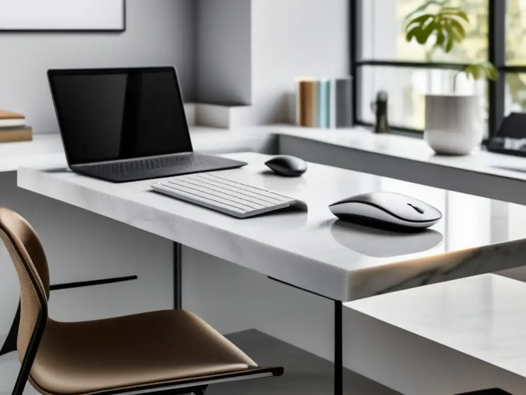 Escritorio moderno de mármol blanco con laptop y accesorios Escritorio moderno de mármol blanco con laptop, libros y elementos de estudio