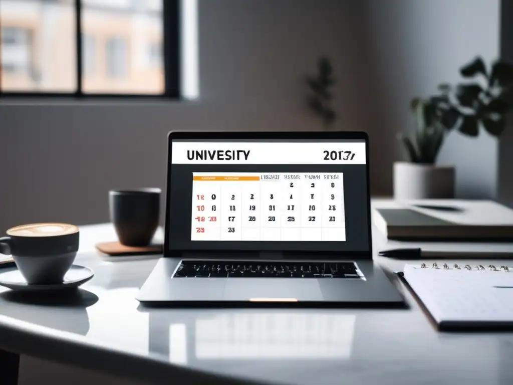 Escritorio minimalista con calendario digital y taza de café Escritorio moderno con calendario de admisiones universitarias postgrado