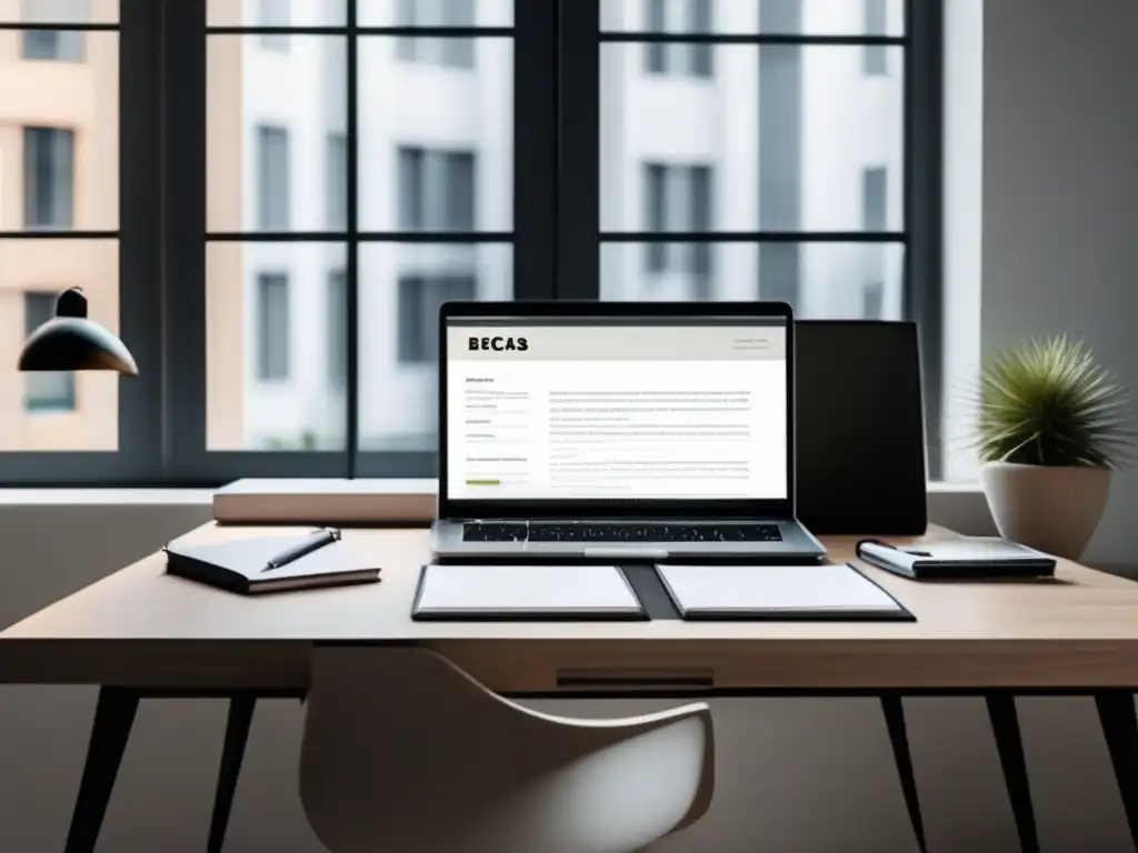 Escritorio minimalista con laptop y becas disponibles Escritorio moderno con laptop, becas disponibles, investigación y errores comunes en solicitud de becas