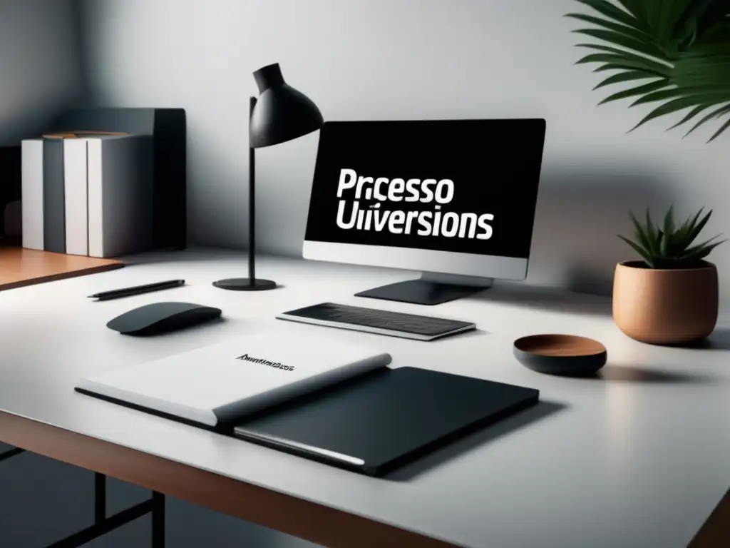 Escritorio moderno y minimalista con laptop, cuaderno y lámpara Escritorio moderno con laptop, cuaderno y lámpara - Proceso admisiones universitarias