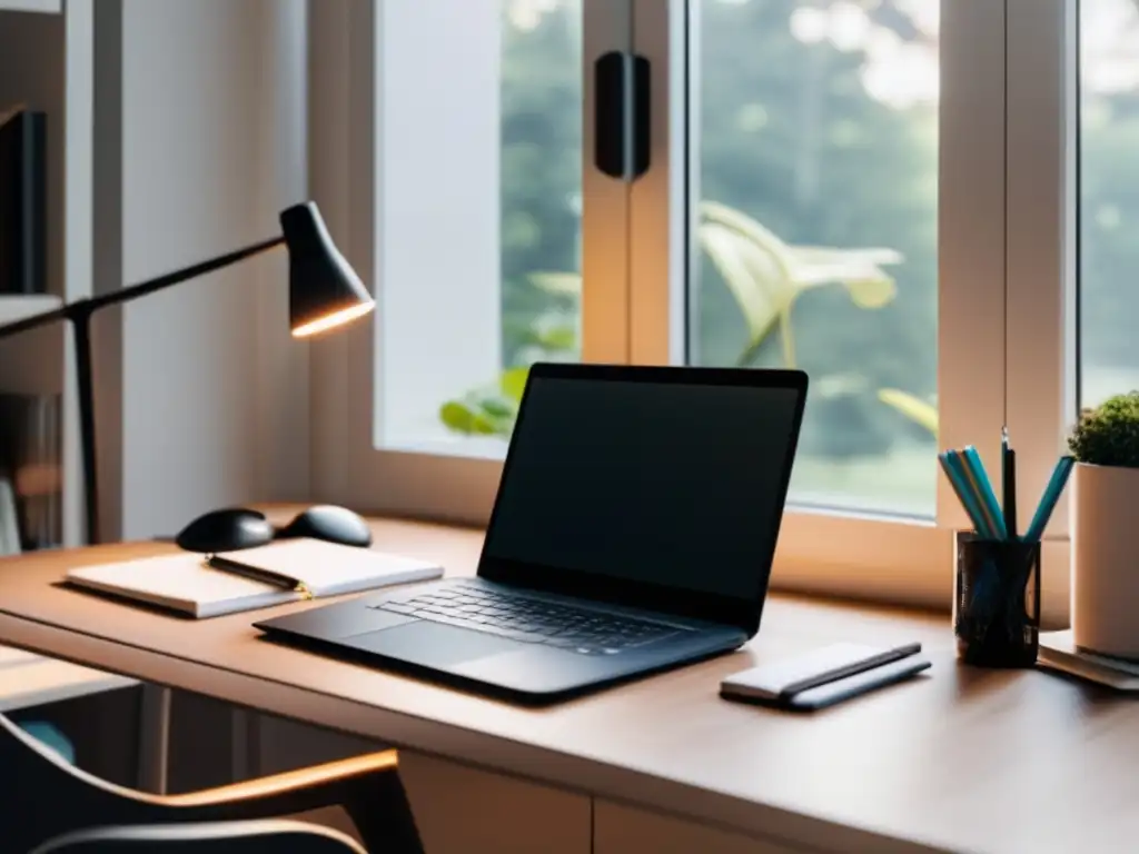 Escritorio moderno y organizado Escritorio moderno con laptop, herramientas de escritura y ventana iluminada
