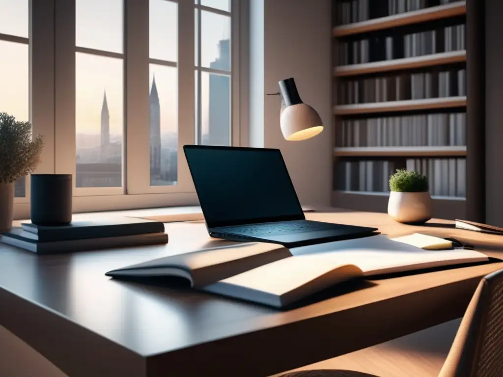 Escritorio moderno con laptop, libros y notas Escritorio moderno con laptop, libros y notas